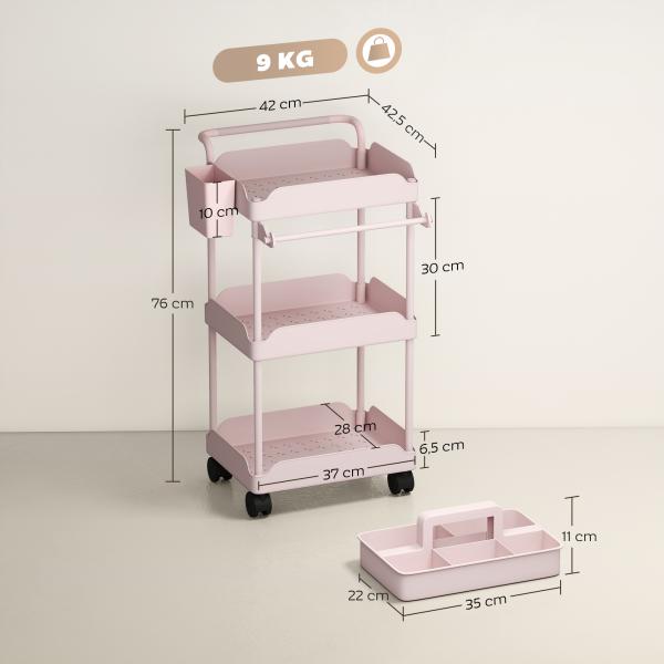 Carrinho Auxiliar com Rodas de 3 Níveis com Cestos Extraíveis Suporte para Toalhas e Estrutura de Metal 42x42,5x76 cm Rosa