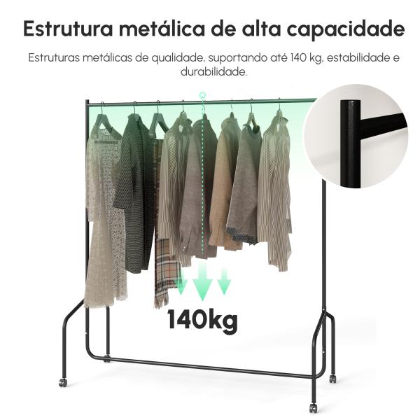 Charriot com Rodas 150x60x170 cm Organizador de Roupas com Rodas para Dormitório Entrada Corredor Preto