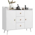 Aparador Sala de Estar Moderno com 2 Portas 3 Gavetas e Pés de Madeira de Pinho 90x32x80 cm Branco