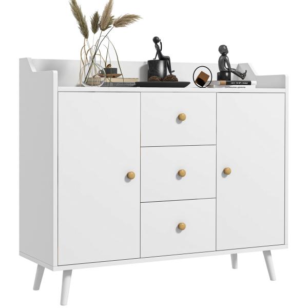 Aparador Sala de Estar Moderno com 2 Portas 3 Gavetas e Pés de Madeira de Pinho 90x32x80 cm Branco