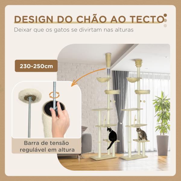 Arranhador para Gatos do Solo ao Teto de 230 - 250 cm com Altura Ajustável Múltiplas Plataformas Rede Bolas Suspensas Bege