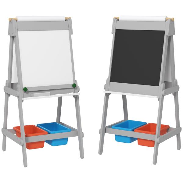 Cavalete para Crianças 3 em 1 Ardósia Dupla com Rolo de Papel Apagador e Caixas de Arrumação 51x50x108 cm Cinza