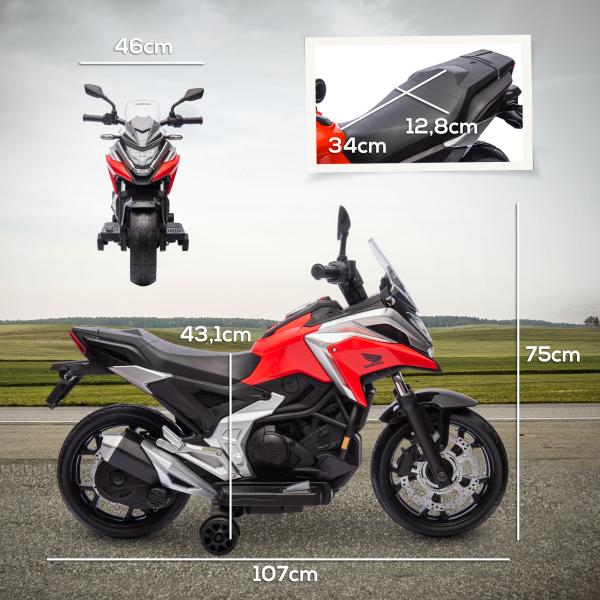 Moto Elétrica para Crianças de 3 - 6 Anos com Licença Honda com USB MP3 Luz LED e Velocidade 3 km/h Carga 30 kg Vermelho