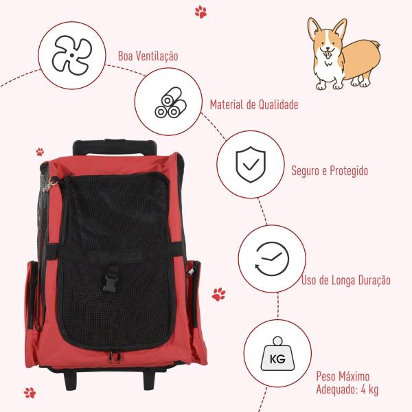 Transportadora 2 em 1 para Animais de Estimação Mochila ou Carrinho de Viagem para Cães e Gatos com 2 Rodas Alça Retrátil de Alumínio e Bolso de Armazenamento 42x25x55cm Vermelho