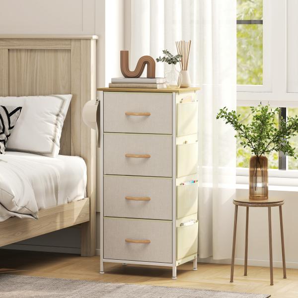Cómoda Alta de Tecido com 4 Gavetas 4 Bolsos Laterais 2 Ganchos e Estrutura de Aço 45x30x94,5 cm Bege