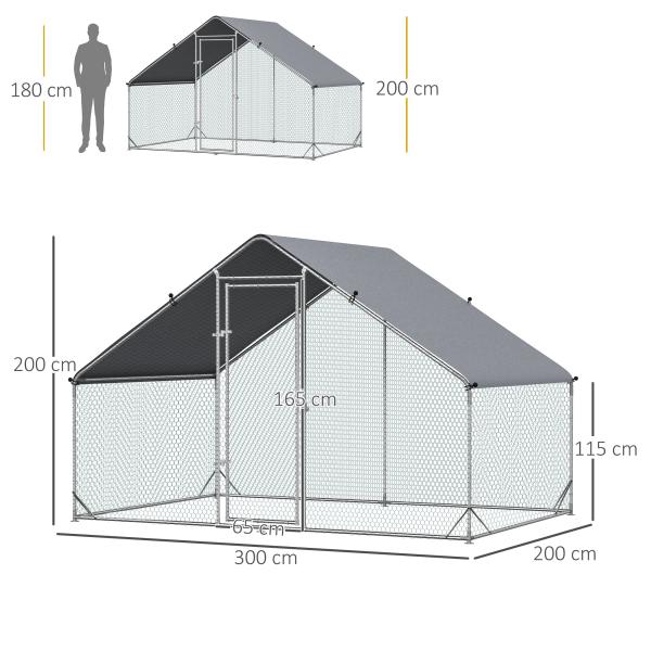 Galinheiro de Exterior Grande Área Aberta de 6 ㎡ para 4 - 6 Galinhas Galinheiro de Aço Galvanizado 3x2x2m