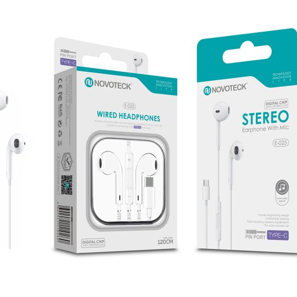 Auriculares com Fio E-025 com Conector TYPE-C Chip Digital