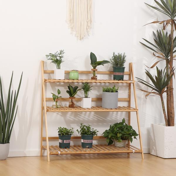 Suporte para Plantas de 3 Níveis de Bambu Suporte para Flores Dobrável para Interior e Exterior 98x37x96,5cm Madeira
