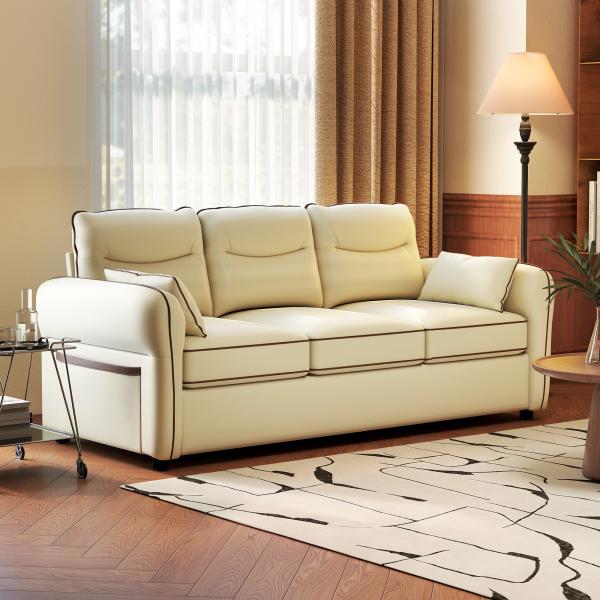 Sofá de 3 Lugares Sofá de Sala Moderno 190x85x80 cm Estofado em Couro Sintético com Bolso Lateral e 2 Almofadas Bege