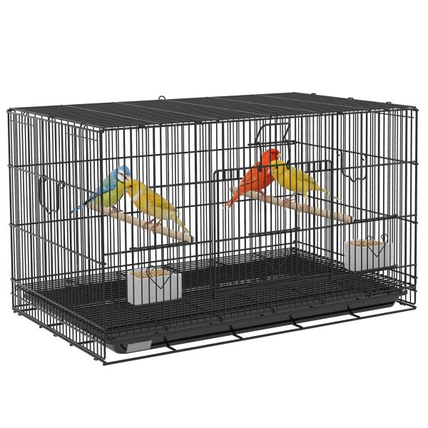 Gaiola para Pássaros 77x46x45 cm Gaiola de Metal para Pássaros com Bandeja Amovível 2 Poleiros e 2 Comedouros Preto