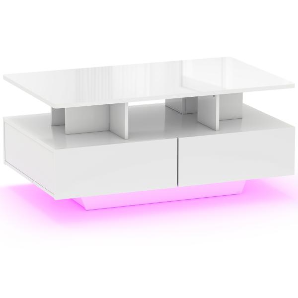 Mesa de Centro Moderna com LED 4 Gavetas Prateleira Aberta e Luzes LED de 16 Cores 90x55x41 cm Branco Brilhante