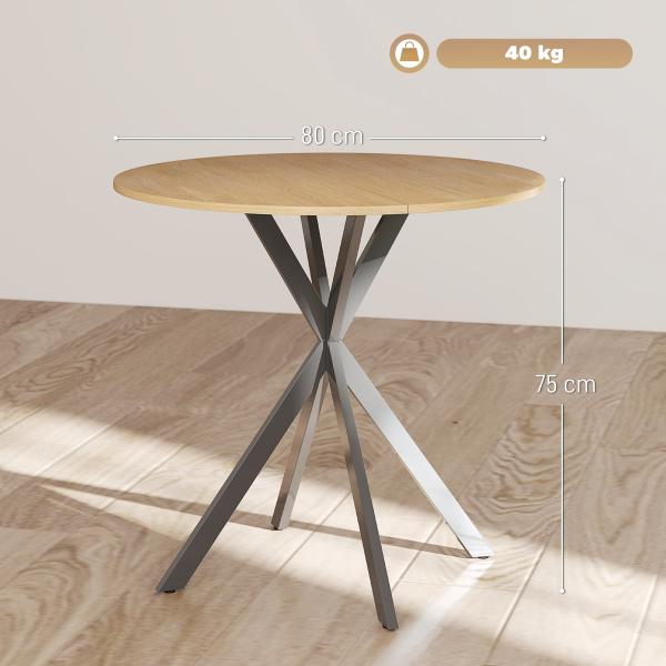 Mesa de Jantar Redonda para 2 - 4 Pessoas com Pernas Cruzadas em Aço Ø80x75 cm, Carvalho Branco
