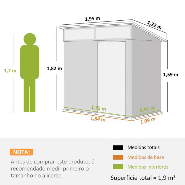 Abrigo de Jardim 1,9m² 195x122x182 cm com Base Reforçada (Chão NÃO Incluído) Porta Corredera Janelas Abrigo de Ferramentas Cinza Escuro