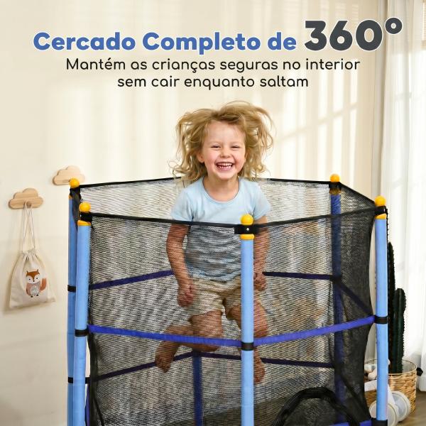 Trampolim para Crianças com Rede de Segurança e Estrutura de Aço para Interiores e Exteriores Carga 50 kg Ø163x190 cm Azul