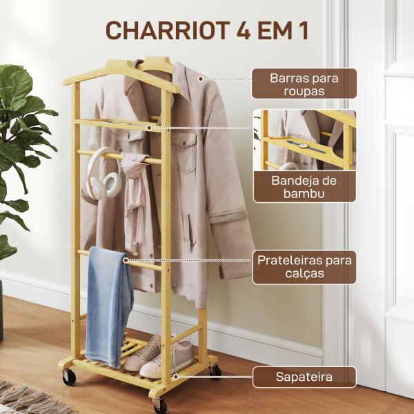 Cabide de Pé de Bambu com Rodas Cabide para Roupas com Barras para Calças e Prateleira Inferior para Sapatos Estilo Nórdico 47x33,7x105,5 cm Madeira e Branco