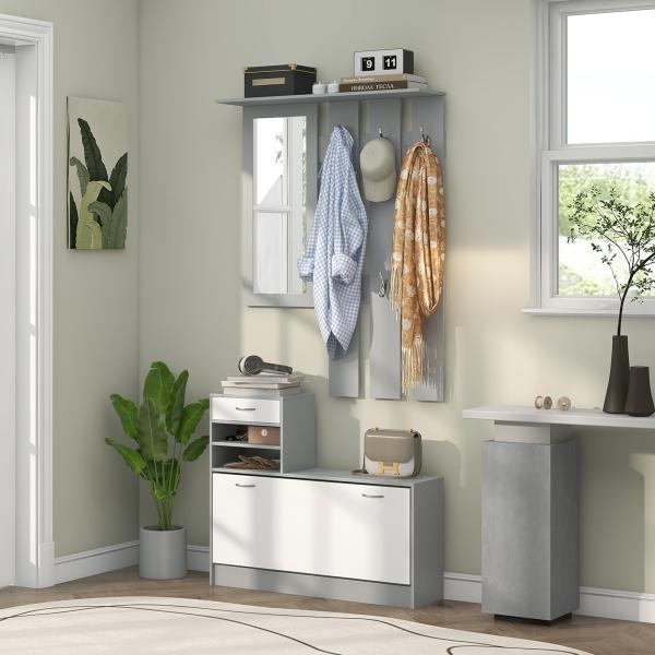 Móvel Cabide de Entrada de 3 Peças Armário de Entrada com Cabide Espelho Sapateira e Gaveta 90x10x102 cm Branco e Cinza