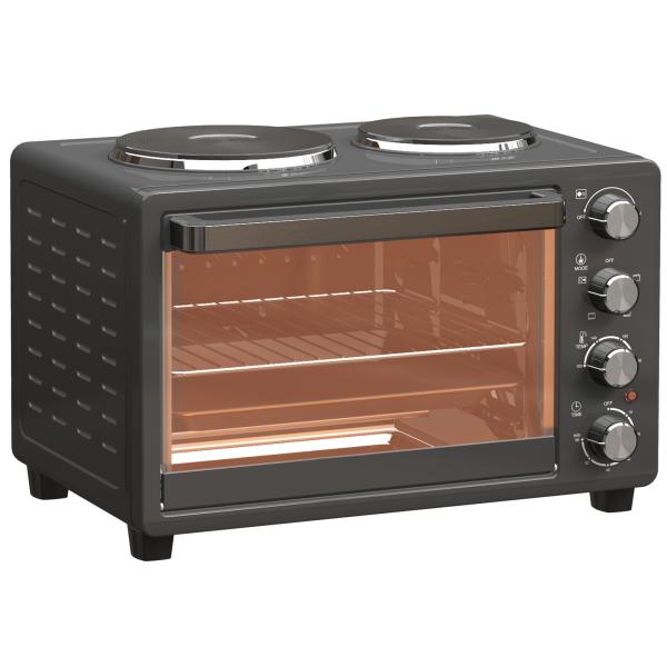 Forno Elétrico de Bancada 28L 2600W com Placas de Cozedura, Temperatura Ajustável, Temporizador e Tabuleiro, Preto