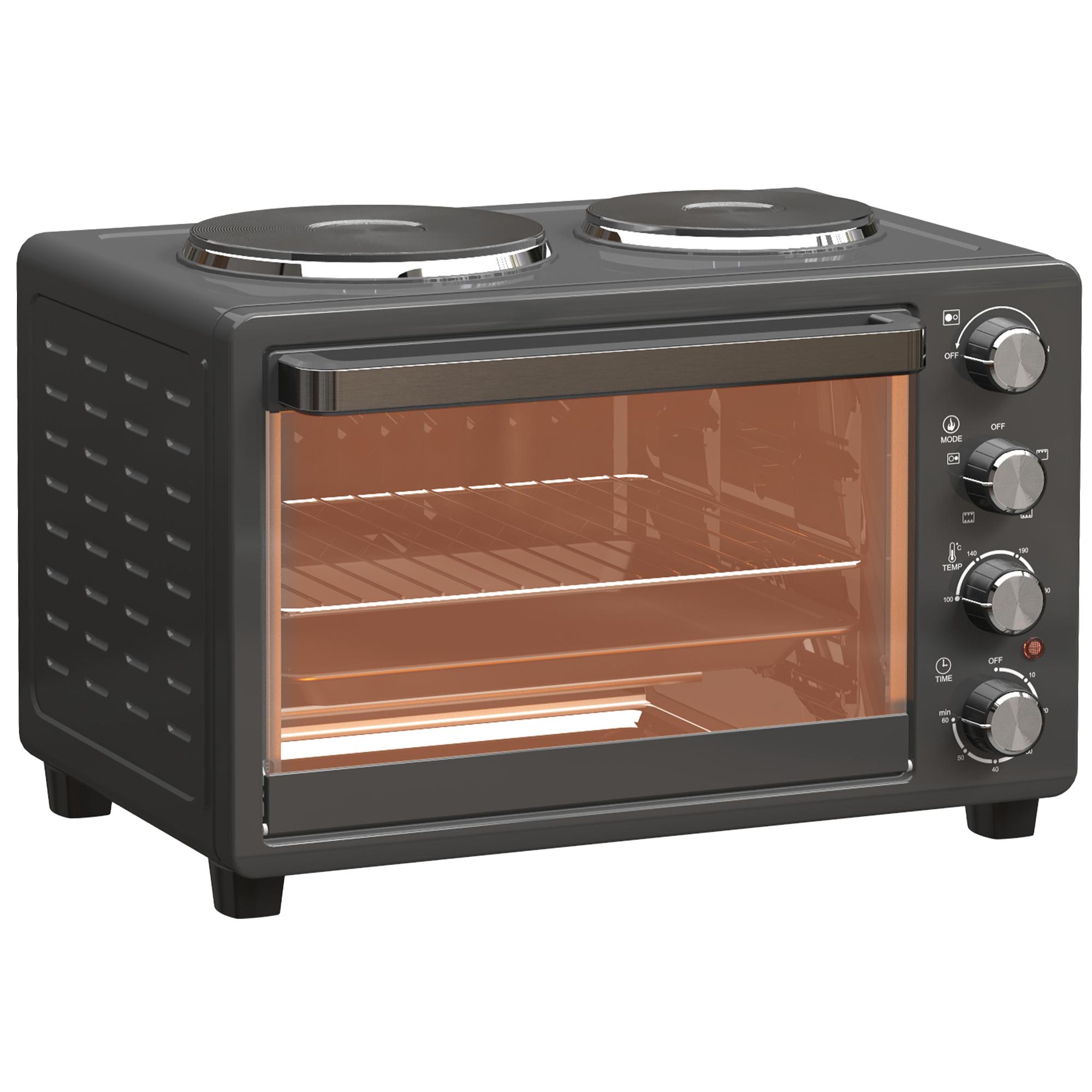 Forno Elétrico de Bancada 28L 2600W com Placas de Cozedura, Temperatura Ajustável, Temporizador e Tabuleiro, Preto