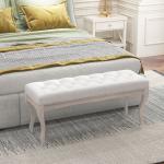 Banco Pé de Cama com Pés de Madeira e Assento Acolchoado para Dormitório Entrada Corredor 110x37x49 cm Creme