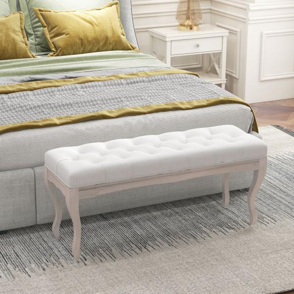 Banco Pé de Cama com Pés de Madeira e Assento Acolchoado para Dormitório Entrada Corredor 110x37x49 cm Creme