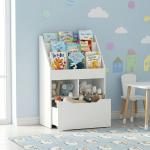 Estante de Madeira para Brinquedos com 3 Compartimentos 2 Cubos e Gaveta Móvel com 4 Rodas Estante para Livros Infantil para Dormitório Infantil Sala de Jogos 60x29,9x90cm Branco