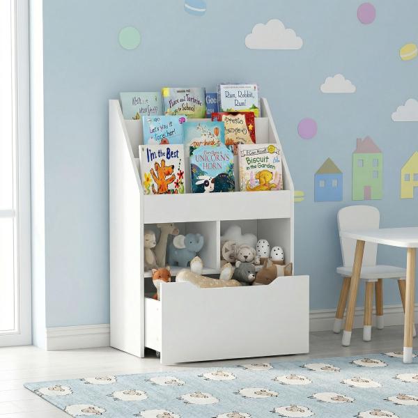 Estante de Madeira para Brinquedos com 3 Compartimentos 2 Cubos e Gaveta Móvel com 4 Rodas Estante para Livros Infantil para Dormitório Infantil Sala de Jogos 60x29,9x90cm Branco
