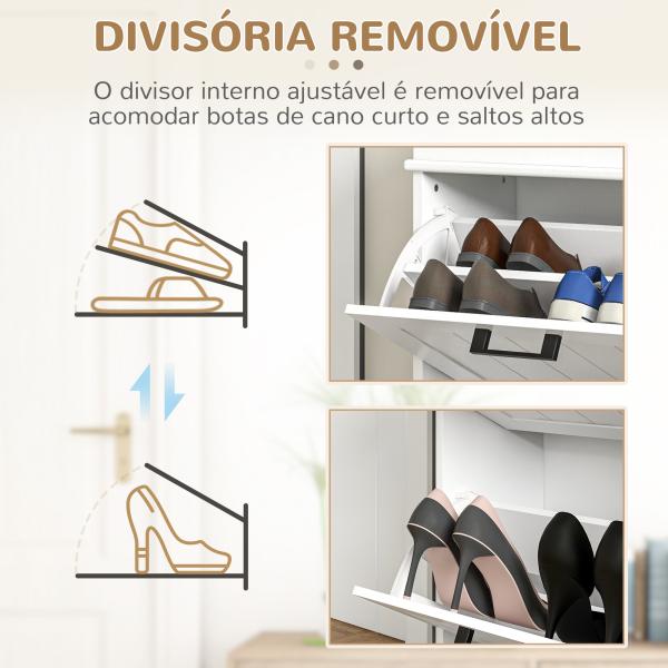 Sapateira Estreita com 2 Gavetas Basculantes Moderno com Prateleiras Ajustáveis para 10 Pares Branco