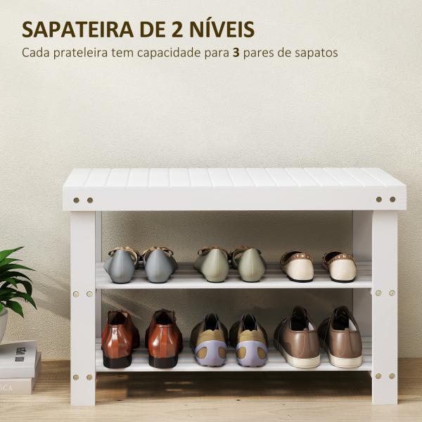 Banco Sapateira de Bambu Organizador de Sapatos com 2 Prateleiras para 6 - 9 Pares de Sapatos 70x28x45 cm Branco
