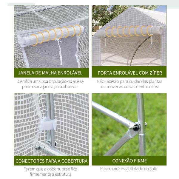 Estufa Tipo Túnel 400x200x200cm Estufa de Jardim com 6 Janelas Transpiráveis e Portas Enrolável com Zíper para Cultivo de Plantas e Verduras Branco