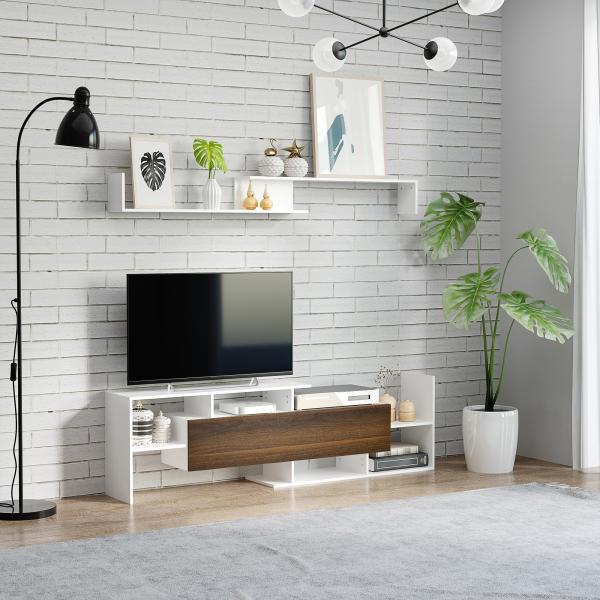 Móvel de TV Moderno Móvel para Televisores 153,6x25x42 cm e Prateleira de Parede 150x14,5x16,3 cm Branco e Marrom