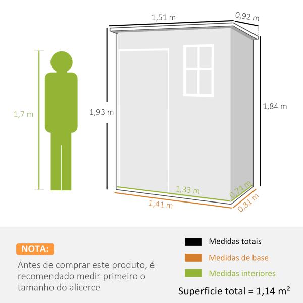 Abrigo de Jardim 1,14 m² 151x92x193 cm Abrigo de Exterior Metálico com Chão Porta de Correr Janela e Teto Inclinado Cinzento
