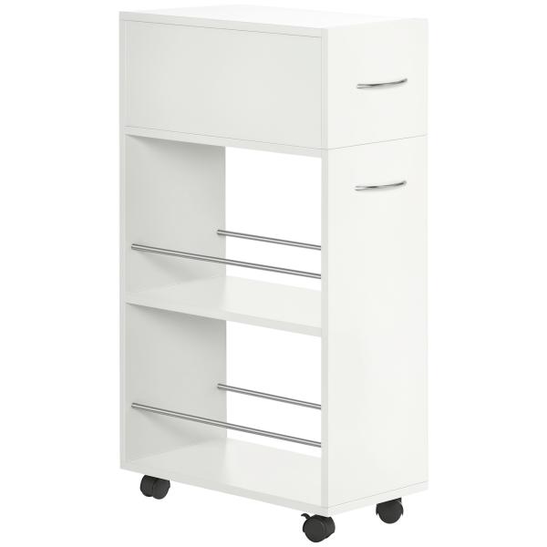 Carrinho de Cozinha com 1 Gaveta e 2 Prateleiras Abertas Carrinho de Cozinha Auxiliar cm Rodas 25x50x85cm Branco