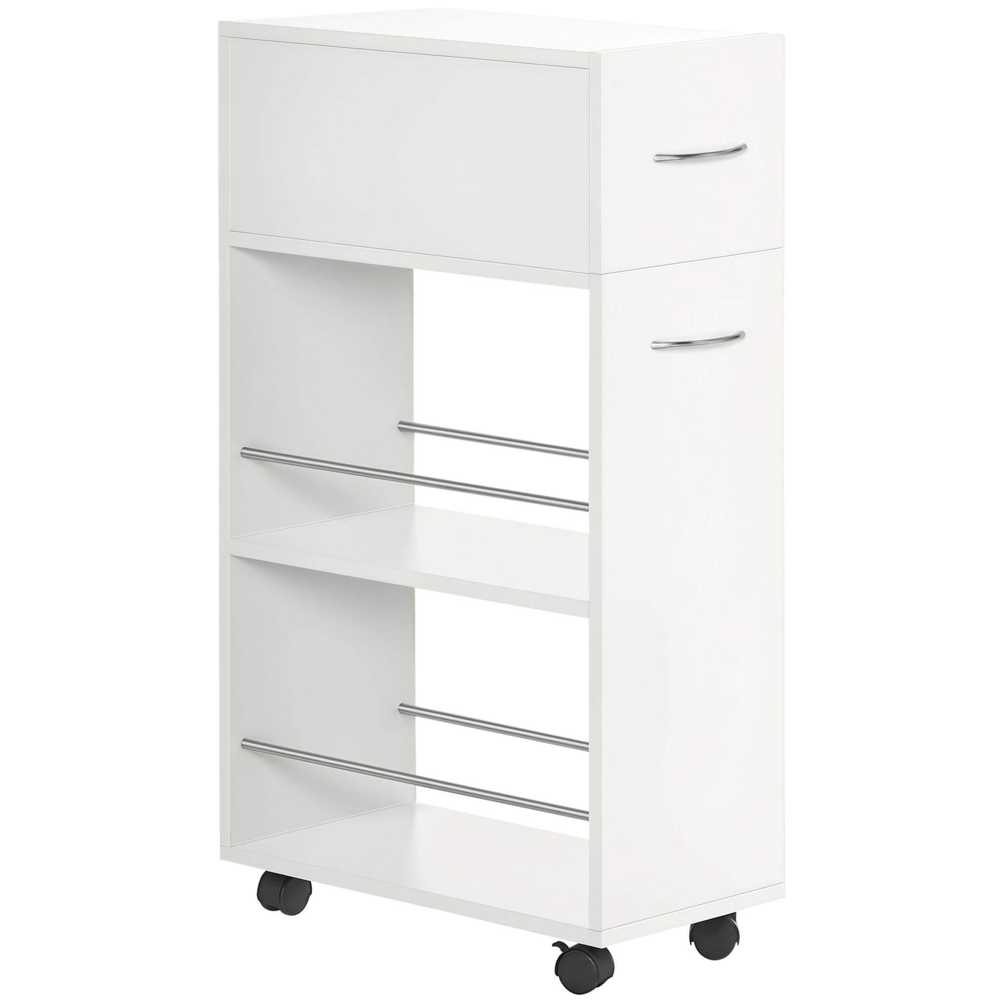 Carrinho de Cozinha com 1 Gaveta e 2 Prateleiras Abertas Carrinho de Cozinha Auxiliar cm Rodas 25x50x85cm Branco