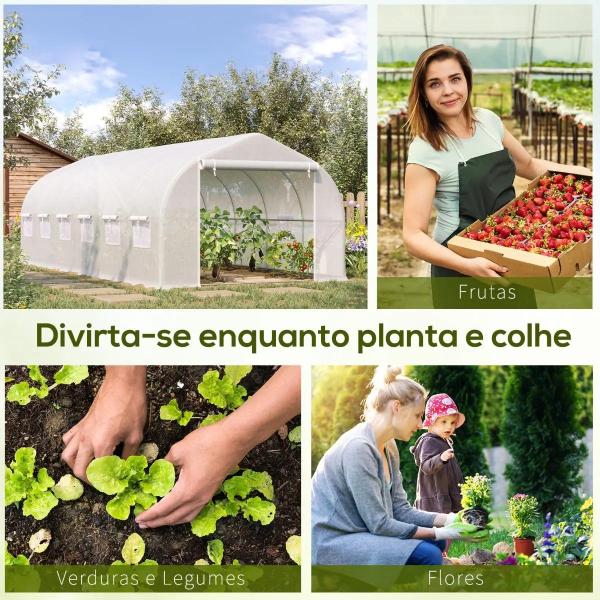 Estufa Tipo Túnel 595x300x200cm Estufa de Jardim Grande com 12 Janelas e Porta Enrolável com Zíper para Cultivo de Plantas Branco