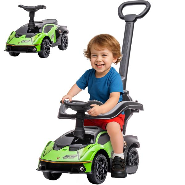 2 em 1 Carro Andador para Crianças 12 - 36 Meses Lamborghini Essenza SCV2 Carro Andador com Buzina Guiador e Grade de Segurança Removível 86,5x40x89,5cm Verde e Preto