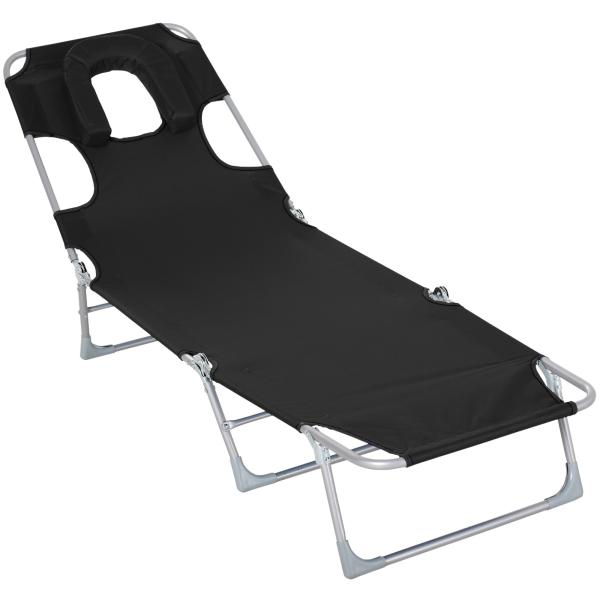 Espreguiçadeira de Jardim Reclinável e Dobrável com Orifício de Leitura Apoio para Cabeça e Encosto Ajustável em 4 Níveis para Praia 182x56x24,5 cm Preto