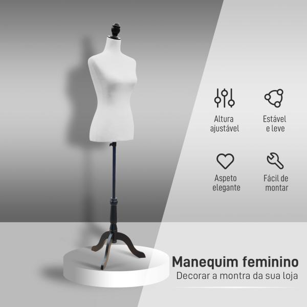 Manequim de Costura Feminino Manequim de Costura Ajustável a 130 - 168 cm com Tripé de Madeira Branco