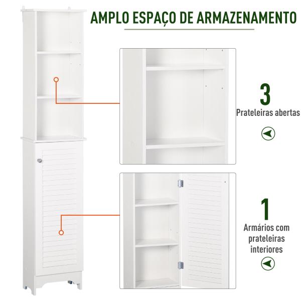 Coluna Casa de Banho com 1 Porta 3 Prateleiras Abertas e Prateleira Interior Ajustável 34x20x165cm Branco