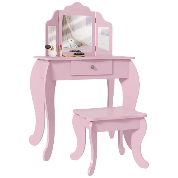 Toucador Infantil de Madeira com Banco e Espelho de Acrílico de 2 Seções Mesa de Maquilhagem Infantil 63x40x85,5 cm Rosa