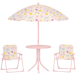 Conjunto de Mesa e Cadeiras para Crianças de Jardim com Cadeiras Dobráveis Chapéu de Sol Ajustável e Desenho de Raposas Rosa