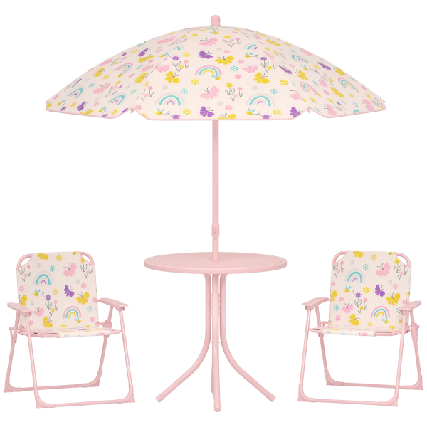 Conjunto de Mesa e Cadeiras para Crianças de Jardim com Cadeiras Dobráveis Chapéu de Sol Ajustável e Desenho de Raposas Rosa