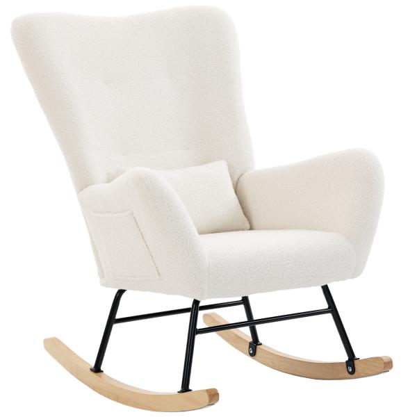 Poltrona Baloiço em Borrego Poltrona para Amamentação com Encosto Acolchoado Almofada e Base de Madeira de Borracha 67x82x100 cm Creme