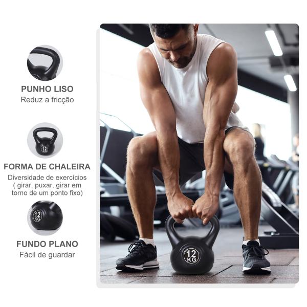 Peso Russo de 12 kg Kettlebell Preenchido de Areia com Punho Largo e Antiderrapante para Trenos em Casa e Ginásio 27x21x31 cm Preto