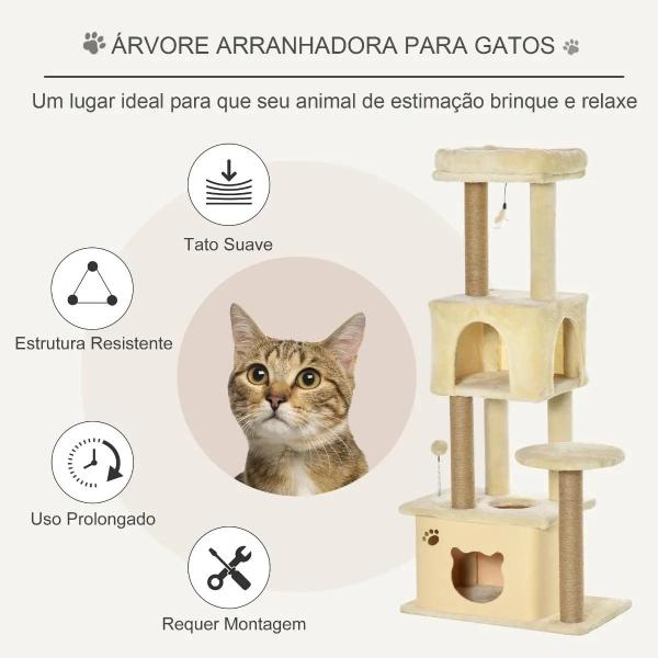 Árvore Arranhador para Gatos Centro de Atividades com Plataformas Cavernas de Felpa Suave Postes para Arranhar de Juta Bola Brinquedo Suspenso 60x34x136cm Bege