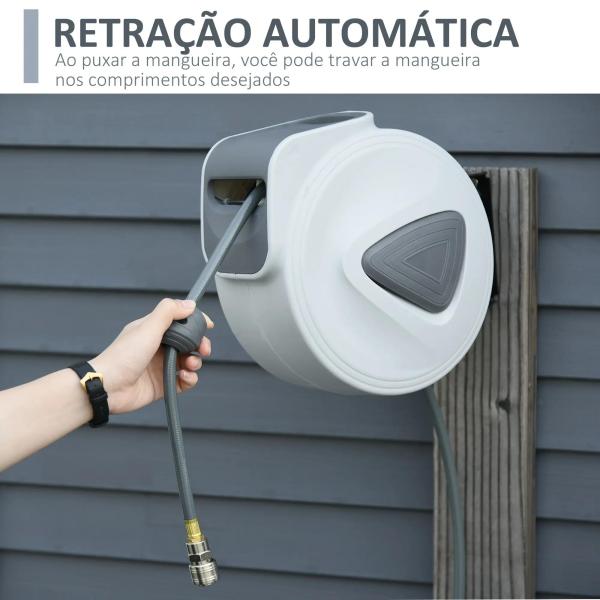 Carretel de Mangueira de Ar Comprimido Automático de 15m Conector de 1/4'' BSP com Suporte para Parede Giratório 180° Diámetro Interno 3/8'' (9,5x15 mm) Cinza