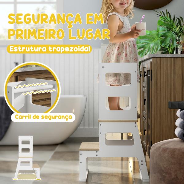 Torre de Aprendizagem para Crianças dos 3 - 6 Anos com Quadro e Grade de Segurança para Cozinha e Casa de Banho 55x52,5x87,5 cm Branco