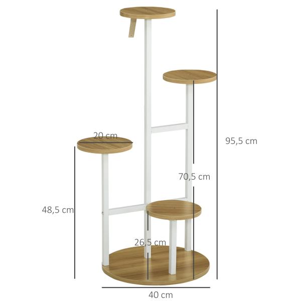 Suporte para Plantas de 4 Níveis Suporte para Vasos de Plantas com Estrutura de Aço 40x40x95,5cm Madeira e Branco