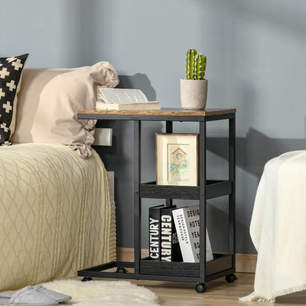 Mesa Auxiliar Industrial em Forma de C com Rodas Prateleiras Abertas e Estrutura de Aço 51x33x66 cm Marrom Escuro e Preto