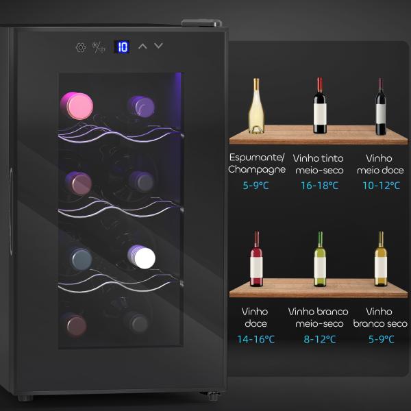 Cave para Vinhos com Refrigeração Termoelétrica Dupla Temperatura Ajustável 8 - 18℃ Porta de Vidro Anti - UV Ecrã LED Tátil Luz Interior 26,5x51,5x47,5 cm Preto