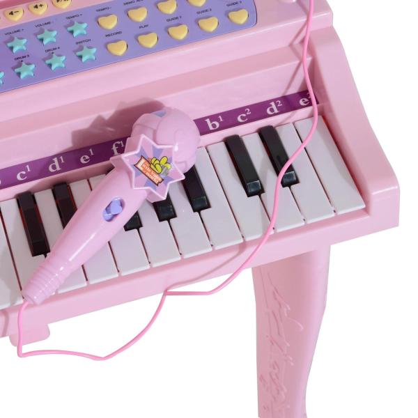 Piano para Crianças com 37 Teclas Microfone Banco Luzes 22 Músicas e Entrada para MP3 e USB 48x39x69 cm Rosa